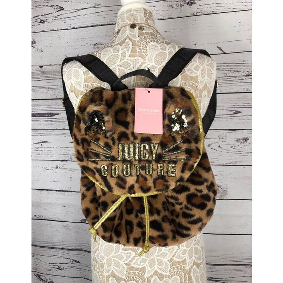 NWT Juicy Couture Faux Fur Gold & Black Sequin Cheetah backpack - Picture 12 of 12